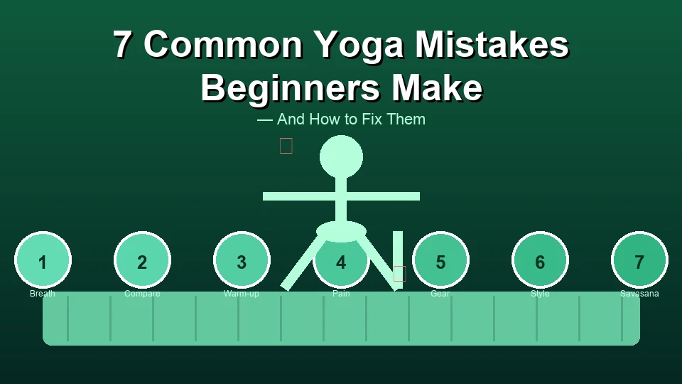 7 common yoga mistakes beginners make — illustrated with numbered circles and a Warrior II silhouette
